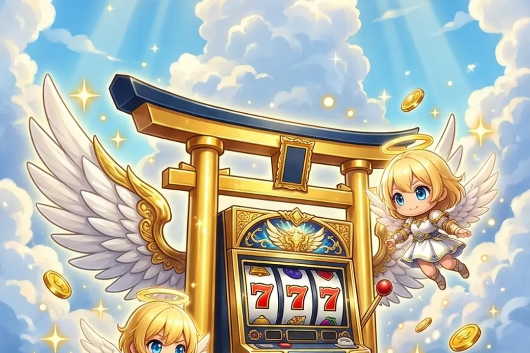 雲の上の鳥居とスロットのリール(イメージ)